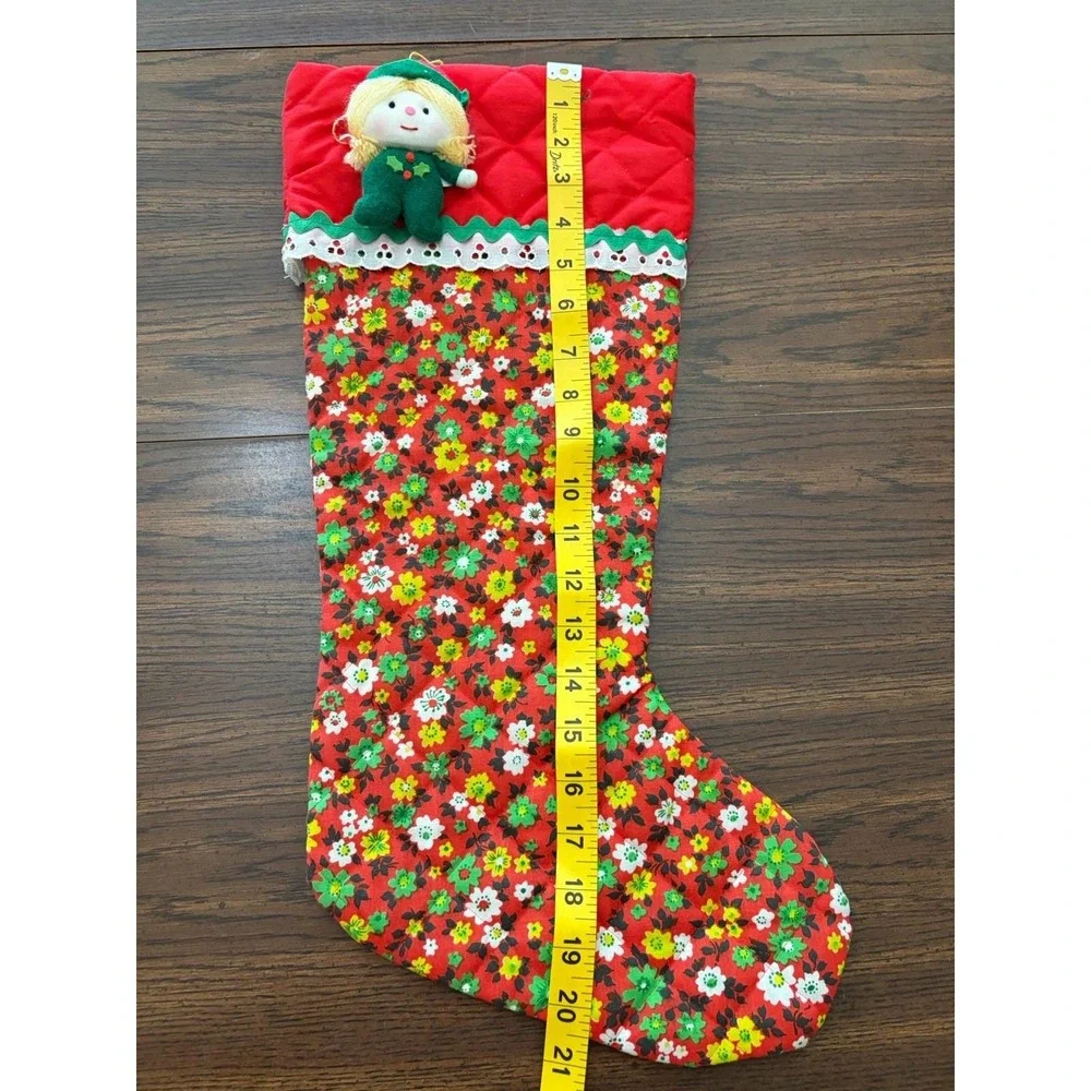 Vintage Handmade Christmas Stocking Floral Calico Quilted Elf Doll